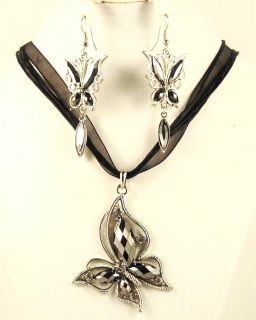 Silver Alloy Crystal Hematite and Rhinestone Butterfly Jewelry Set
