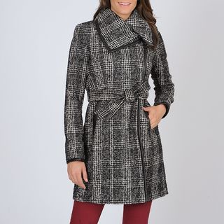 Vince Camuto Womens Black/ White Plaid Trench Coat