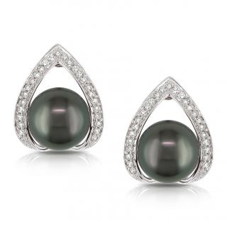 Miadora 14k White Gold Black Pearl and 1/4ct TDW Diamond Earrings (H I