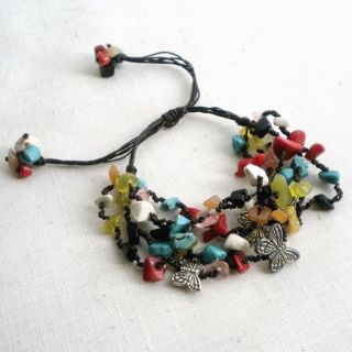 Turquoise Coral Multicolor Butterfly Embellishment Pull Bracelet