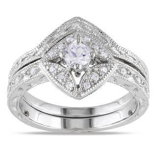 Miadora Silver Created Sapphire and 1/10ct TDW Diamond Bridal Ring Set