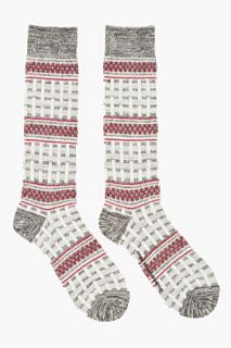 White Mountaineering Grey & Burgundy Tall Basket Patterned Knit Socks for men