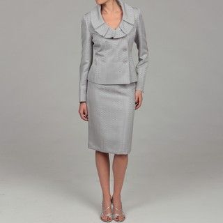 Evan Picone Womens Platinum Ruffle Collar Skirt Suit