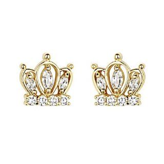 14K Yellow Gold Plated Crown CZ Stud Earrings with Screw