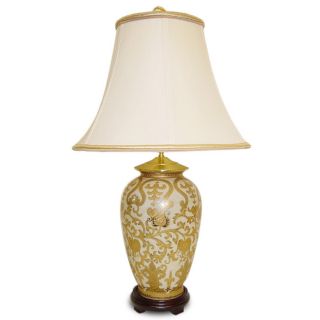 Carved Polyresin Table Lamp with Gold Pleated Shade
