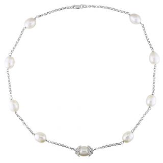 Miadora 14k White Gold Pearl and Diamond Roundel Necklace (9 10 mm
