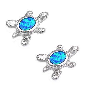 Sterling Silver Earring in Blue Lab Created Opal   Turtle
