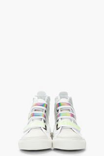 Raf Simons White & Green Holographic Velcro High Top Sneakers for men