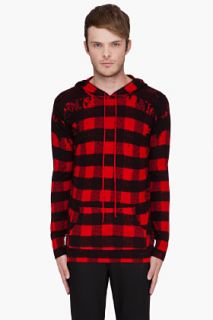 Markus Lupfer Red Destroyed Check Print Hoodie for men