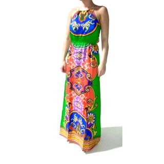 Tabeez Womens Vibrant Print Halter Maxi Dress