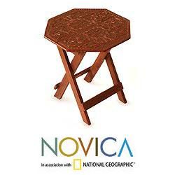 Mohena Wood and Leather Sunflower Octagon Accent Table (Peru