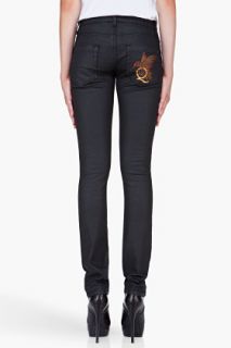 McQ Alexander McQueen Black Embroidered Lacquered Slim Fit Jeans for women