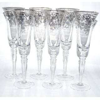 Italian Silver Accented Royal Floral Champagne Flutes (Set of 6