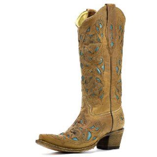  Corral Womens Tan Floral Turquoise Inlay Boots   A1952 Shoes