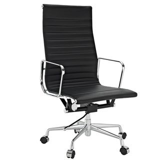 Black Genuine Leather Ribbed High Back Office Chair