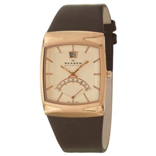 Skagen Mens Leather Stainless Steel Rose Gold Plated Brown Leather