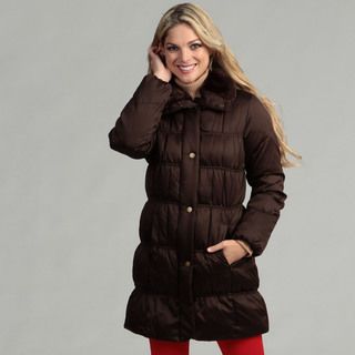 Larry Levine Womens Down Jacket With Faux Fur Trim Collar