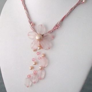 Rose Quartz Silk Thread Flower Necklace (3 5 mm)(Thailand)