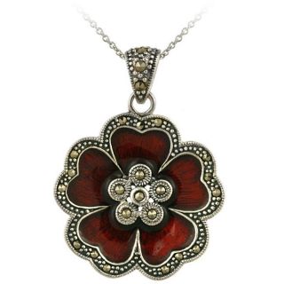 Glitzy Rocks Sterling Silver Red Enamel and Marcasite Flower Necklace