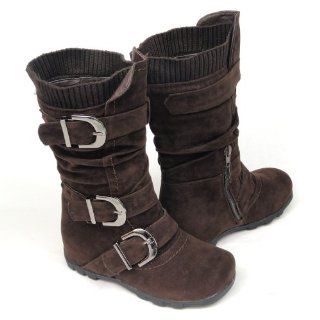 Toddler Youth Girls Faux Suede Knee High Buckle Flat Boots
