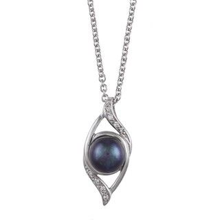 Sterling Silver Black Pearl and Cubic Zirconia Necklace (7 8mm