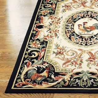 Rooster Hand Hooked Wool Area Rug   Black, 3 x 8 Runner