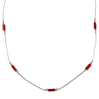 Southwest Moon Dyed Red Coral Station Liquid Metal 16 inch Necklace