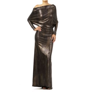 Tabeez Womens Off Shoulder Bronze Printed Maxi Dress