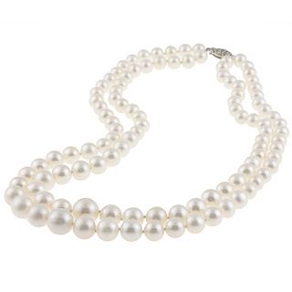 DaVonna Silver White Freshwater Pearl 2 row Graduated Necklace with