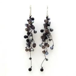 Classy Ruffles Freshwater Black Pearl, Smokey Quartz Stone Earrings