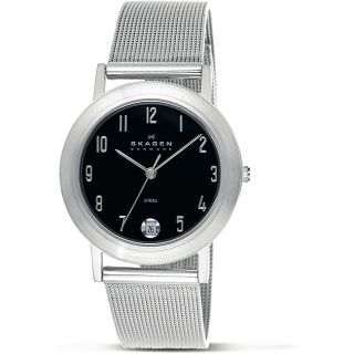 Skagen Mens Black Label Stainless Steel Black Leather Band Dual Time