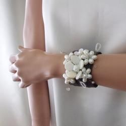 Mother of Pearl and Pearl Floral Blossom Leather Cuff Bracelet