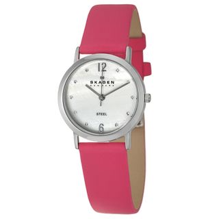Skagen Womens Pink Leather Stainless Steel Watch
