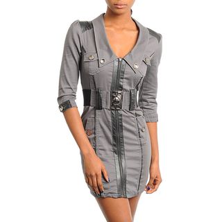 Stanzino Womens Charcoal 3/4 sleeve Zip front Belted Dress